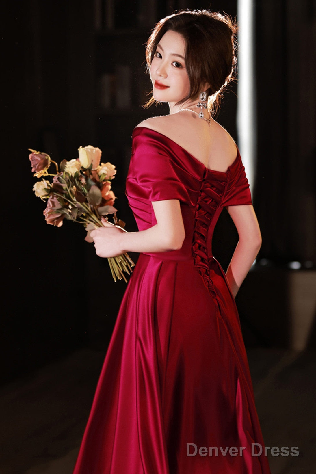 Wine Red Satin A-Line Off Shoulder Long Party Dress, Wine Red Simple Prom Dress