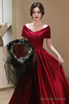 Wine Red Satin A-Line Off Shoulder Long Party Dress, Wine Red Simple Prom Dress