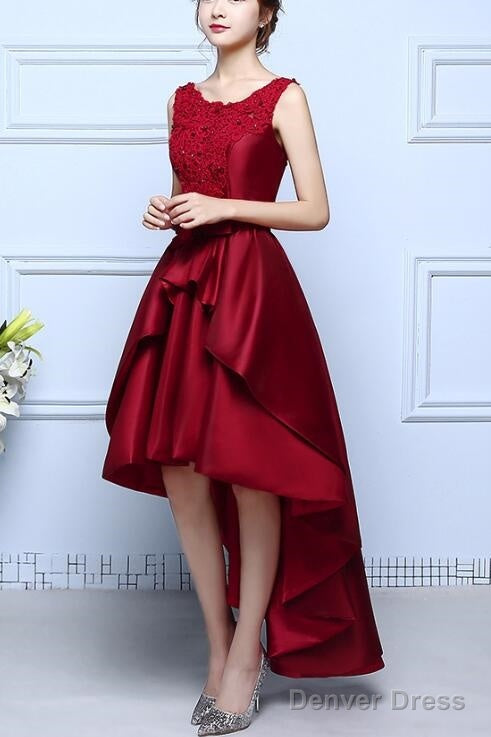 Wine Red Satin And Lace High Low Homecoming Dress , Lovely Formal Dresses Secondary image