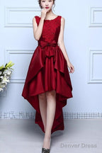 Wine Red Satin And Lace High Low Homecoming Dress , Lovely Prom Dresses