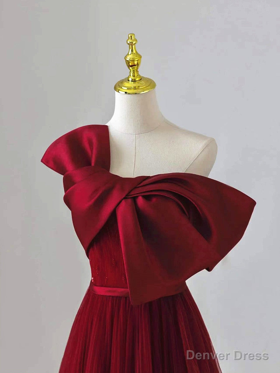 Wine Red Satin and Tulle A Line Simple Prom Dress, Floor Length Prom Dresses