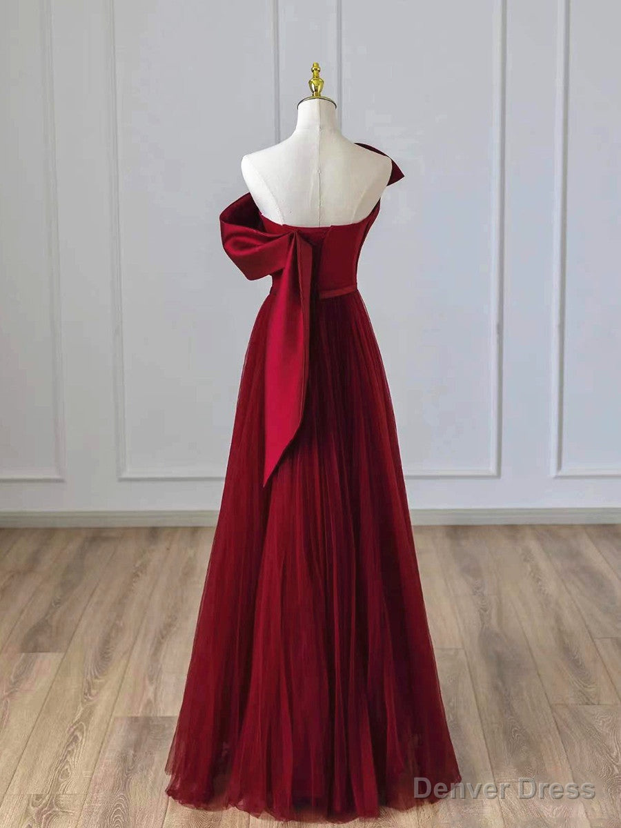Wine Red Satin and Tulle A Line Simple Prom Dress, Floor Length Prom Dresses