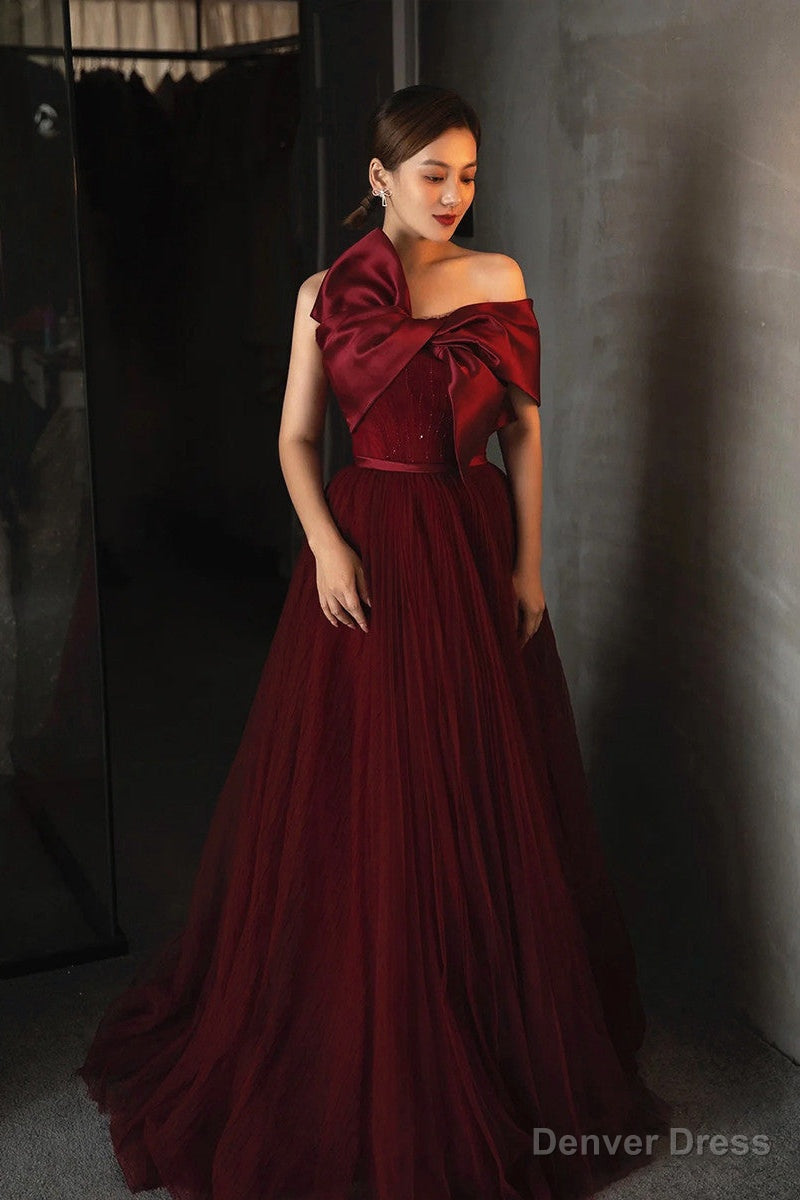 Wine Red Satin and Tulle A Line Simple Prom Dress, Floor Length Prom Dresses