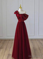 Wine Red Satin and Tulle A Line Simple Prom Dress, Floor Length Prom Dresses