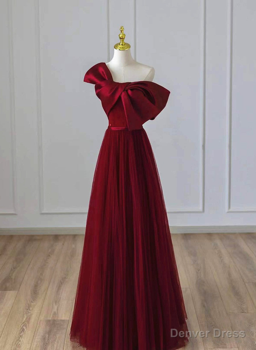 Wine Red Satin and Tulle A Line Simple Prom Dress, Floor Length Prom Dresses