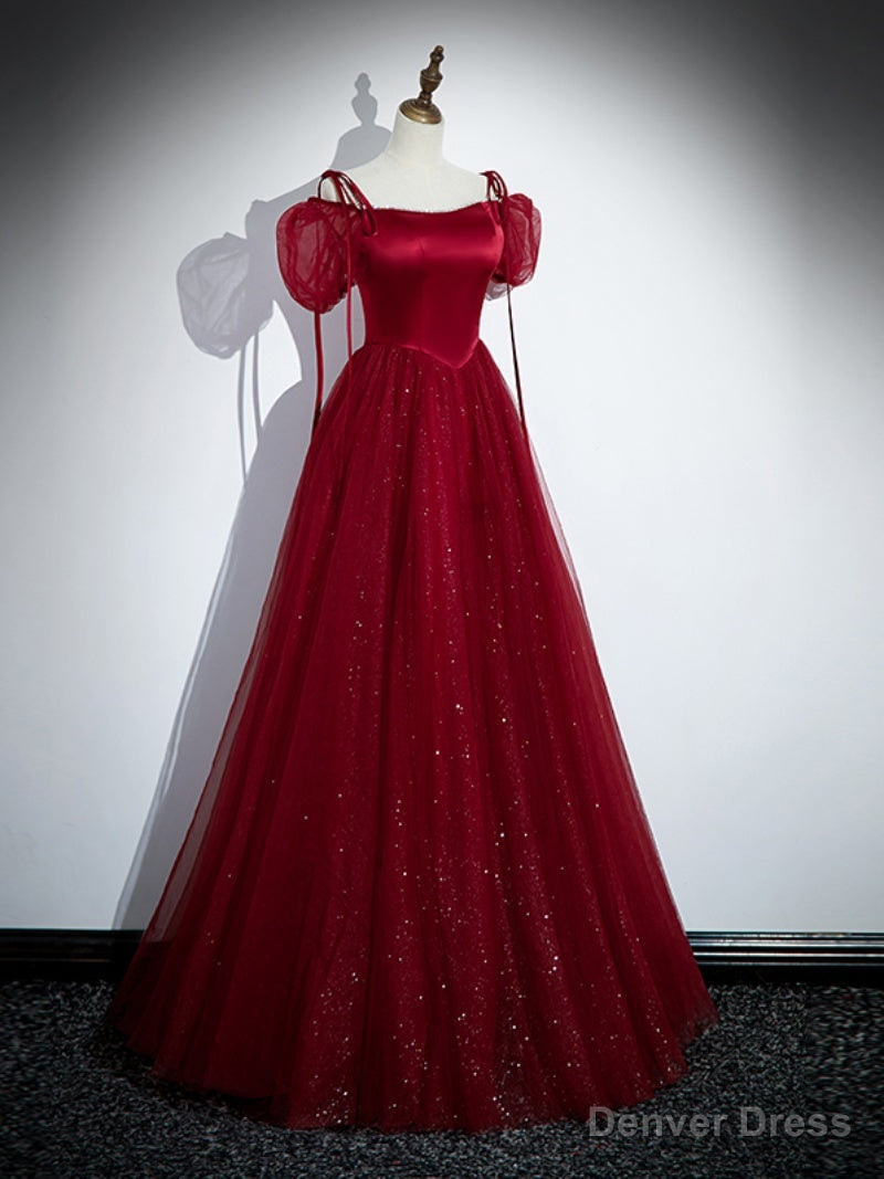 Wine Red Satin and Tulle Straps Long Prom Dress, Wine Red Off Shoulder Prom Dresses