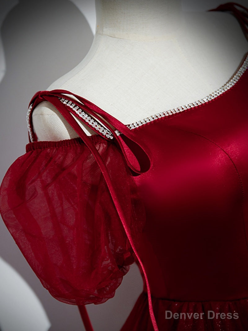 Wine Red Satin and Tulle Straps Long Prom Dress, Wine Red Off Shoulder Prom Dresses