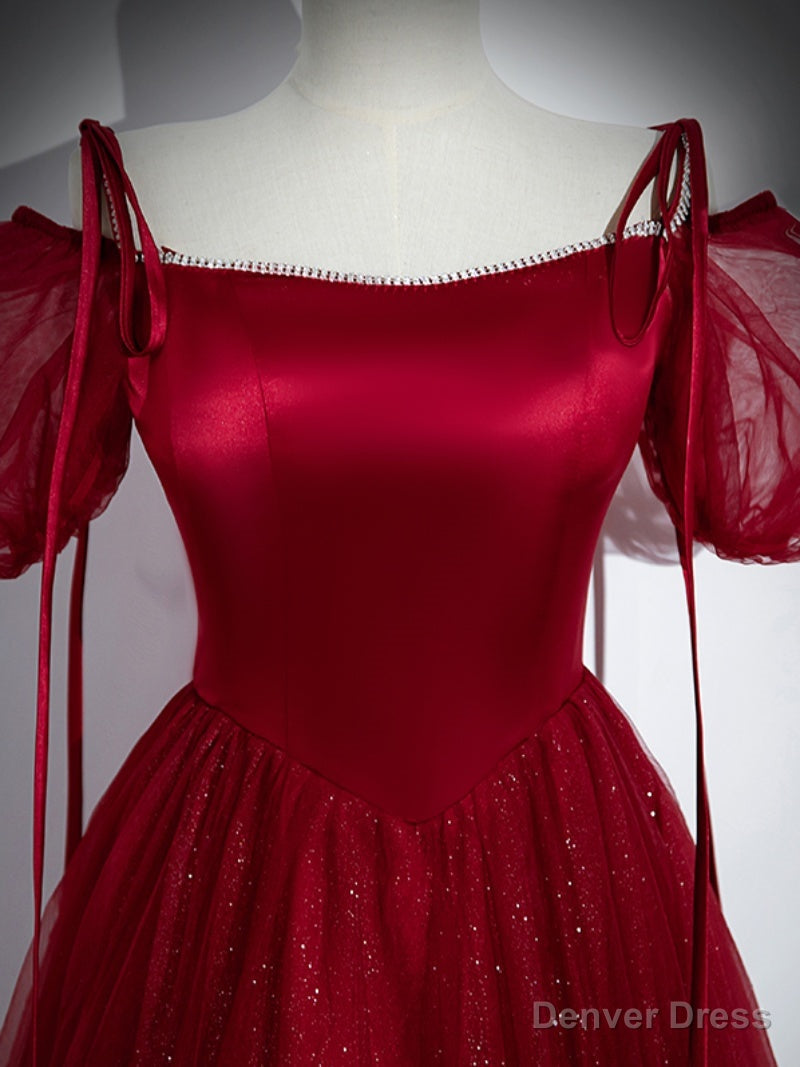 Wine Red Satin and Tulle Straps Long Prom Dress, Wine Red Off Shoulder Prom Dresses