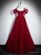 Wine Red Satin and Tulle Straps Long Prom Dress, Wine Red Off Shoulder Prom Dresses