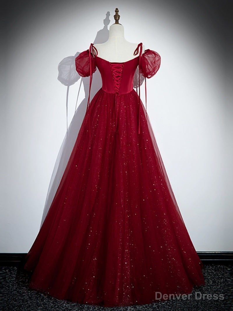 Wine Red Satin and Tulle Straps Long Prom Dress, Wine Red Off Shoulder Prom Dresses