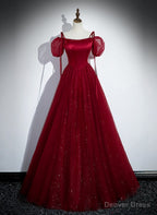 Wine Red Satin and Tulle Straps Long Prom Dress, Wine Red Off Shoulder Prom Dresses