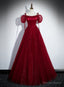 Wine Red Satin and Tulle Straps Long Prom Dress, Wine Red Off Shoulder Prom Dresses