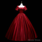 Wine Red Satin Beaded Ball Gowns Sweet 16 Dress, Wine Red Prom Dresses
