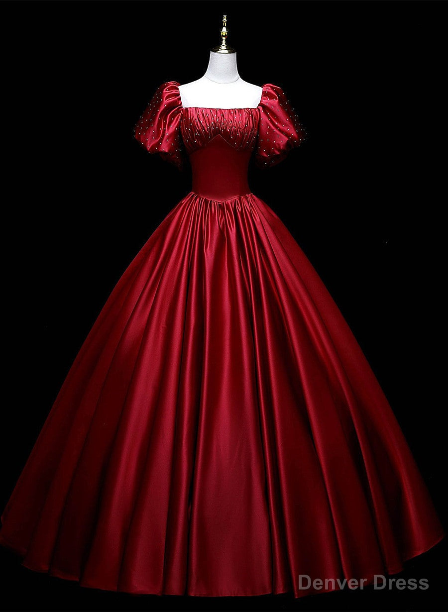 Wine Red Satin Beaded Ball Gowns Sweet 16 Dress, Wine Red Prom Dresses