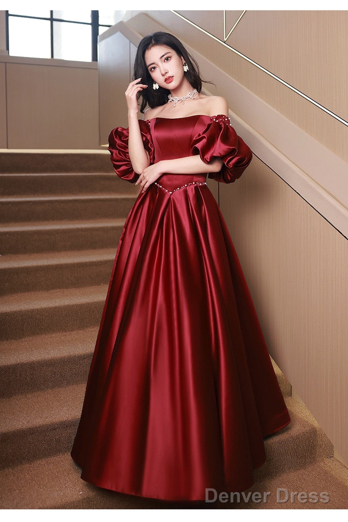 Wine Red Satin Beaded Chic Long Party Dress, Wine Red Puffy Sleeves Prom Dress