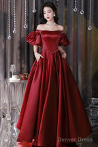 Wine Red Satin Beaded Chic Long Party Dress, Wine Red Puffy Sleeves Prom Dress