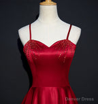 Wine Red Satin Beaded Sweetheart Party Dress, A-line Wine Red Prom Dress