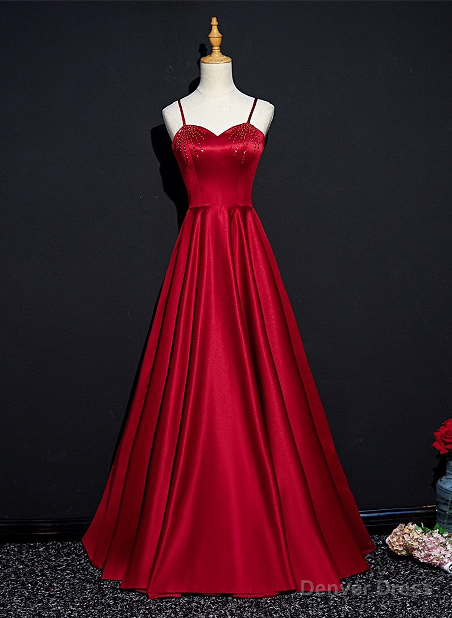 Wine Red Satin Beaded Sweetheart Party Dress, A-line Wine Red Prom Dress