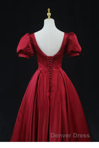 Wine Red Satin Bridesmaid Dresses Party Dresses, Tea Length Prom Dresses