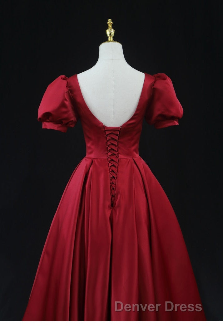 Wine Red Satin Bridesmaid Dresses Party Dresses, Tea Length Prom Dresses