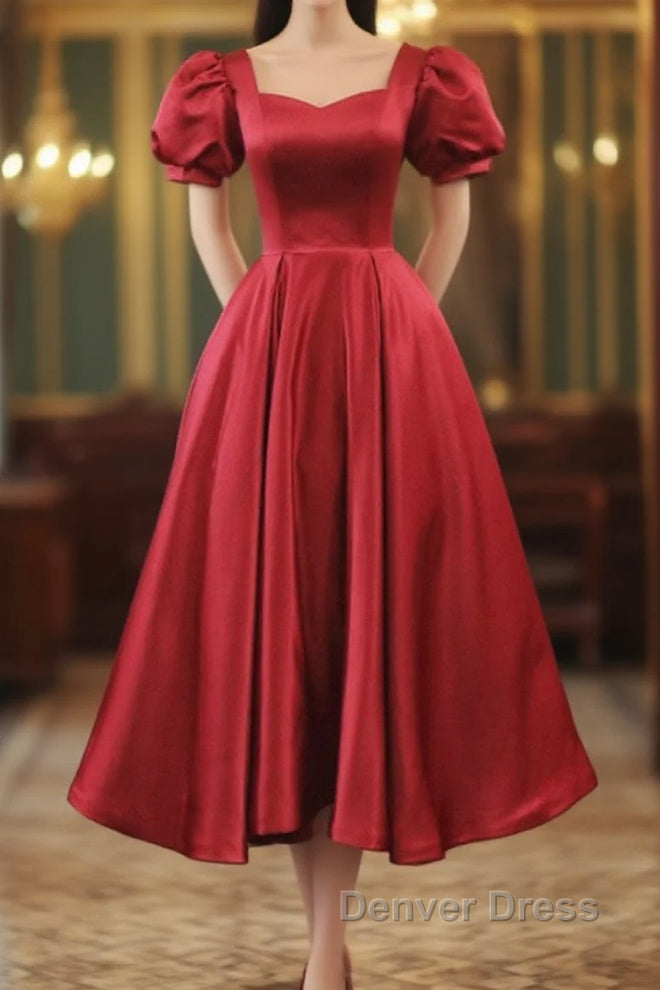 Wine Red Satin Bridesmaid Dress Prom Dress, Tea Length Prom Dresses Main image