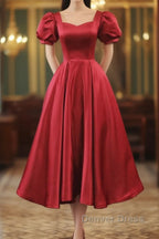 Wine Red Satin Bridesmaid Dress Prom Dress, Tea Length Prom Dresses