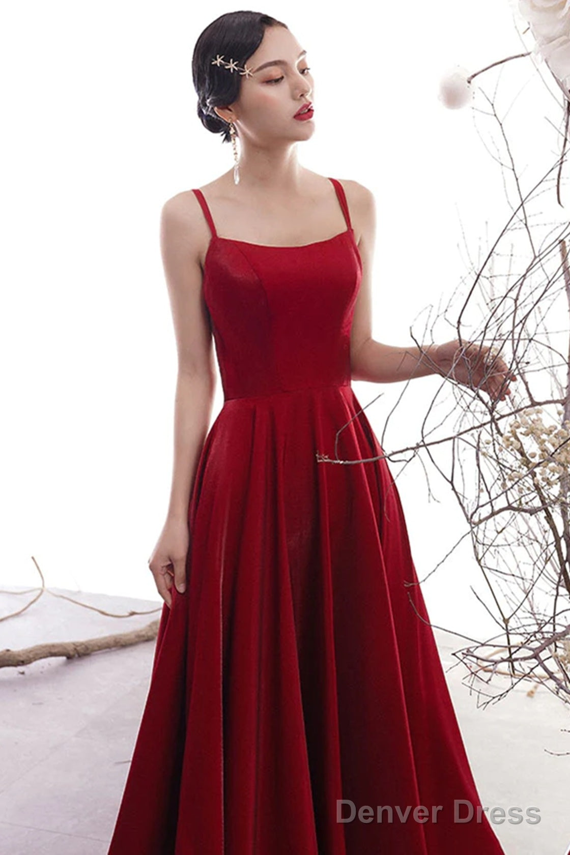 Wine Red Satin Cross Back Long Prom Dress, Wine Red Wedding Party Dress