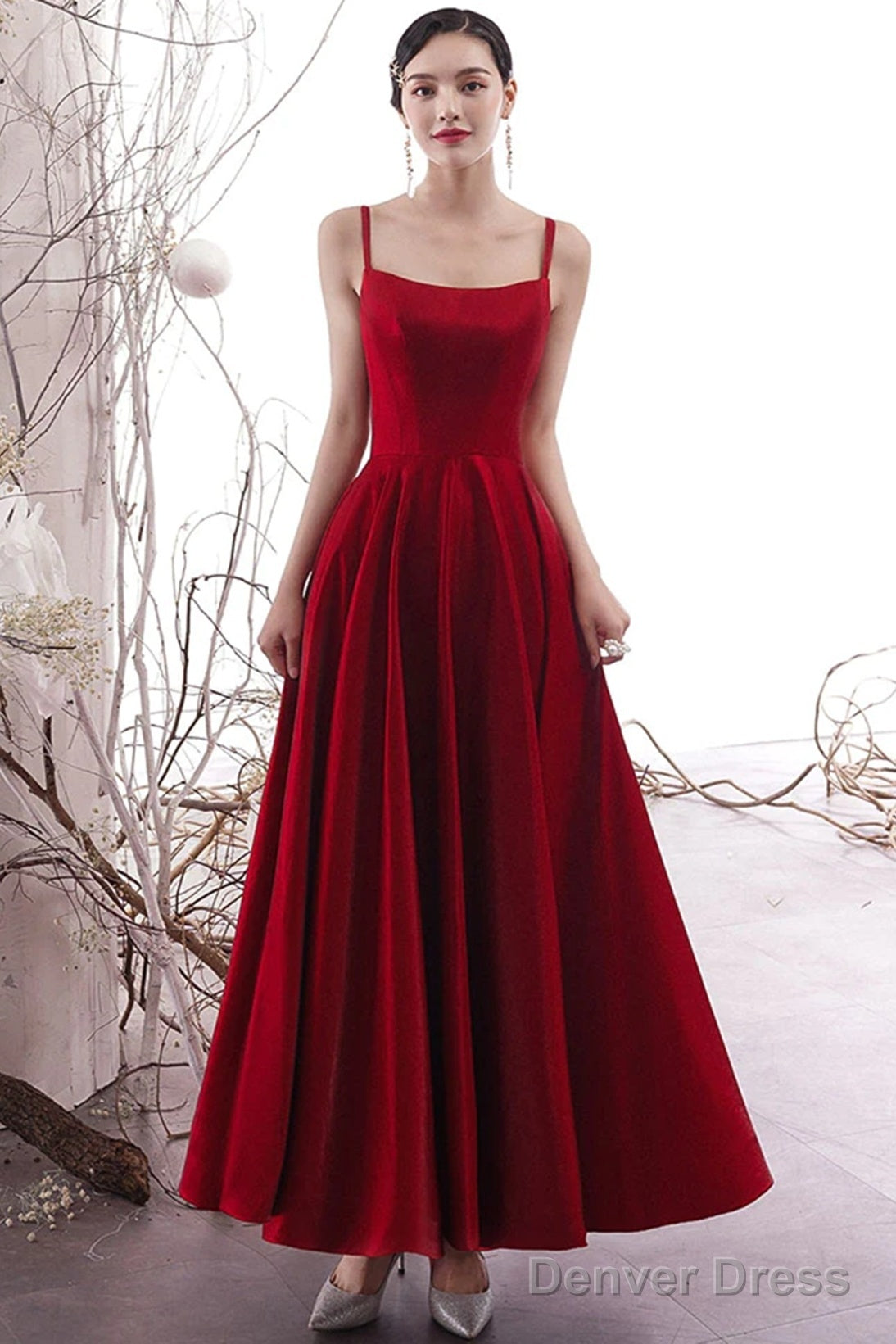 Wine Red Satin Cross Back Long Prom Dress, Wine Red Wedding Party Dress Main image