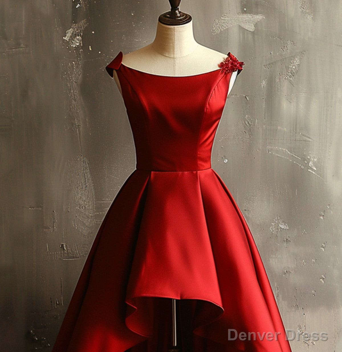 Wine Red Satin High Low Round Neckline Prom Dress, Wine Red Homecoming Dresses