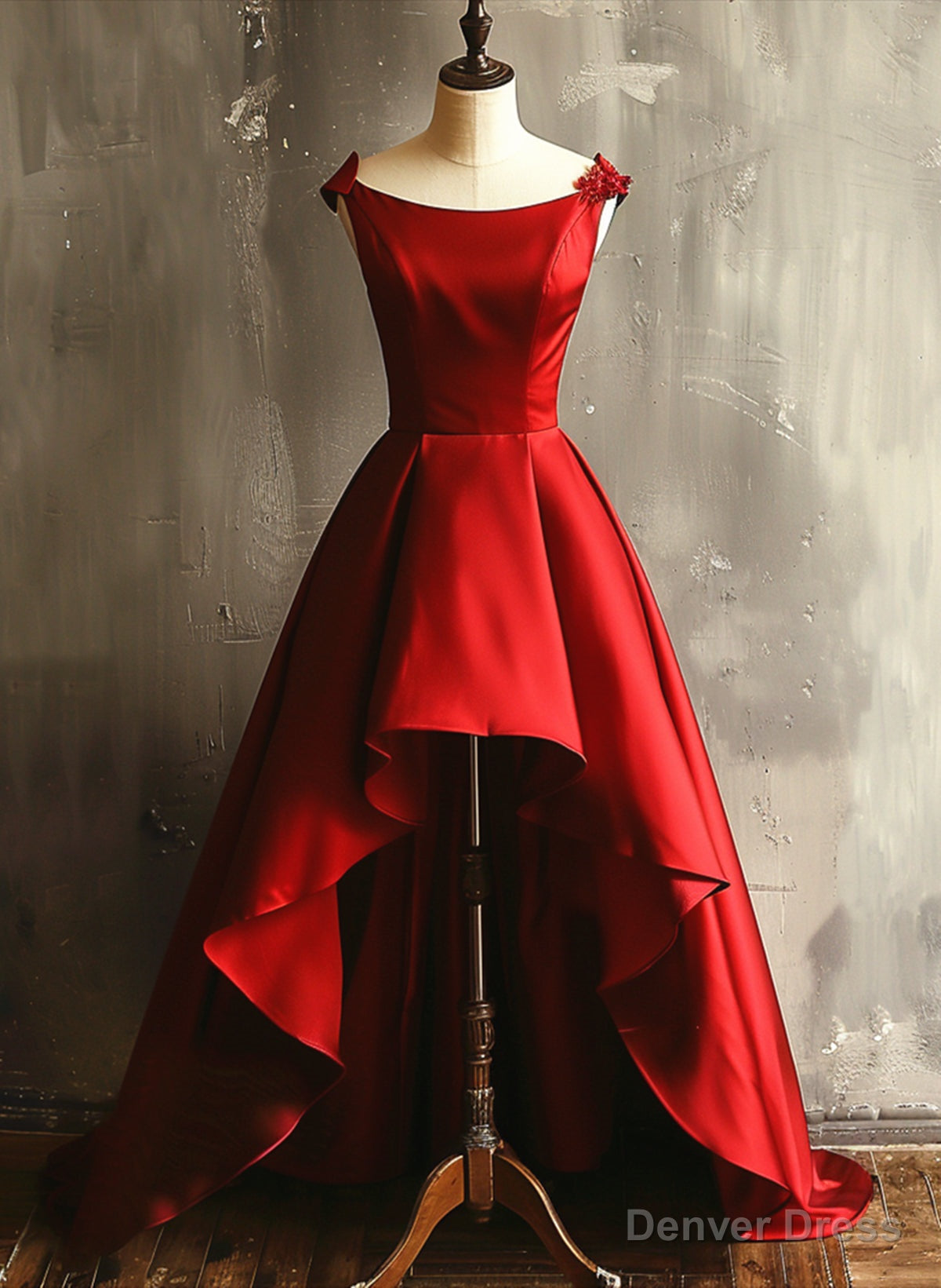 Wine Red Satin High Low Round Neckline Prom Dress, Wine Red Homecoming Dresses