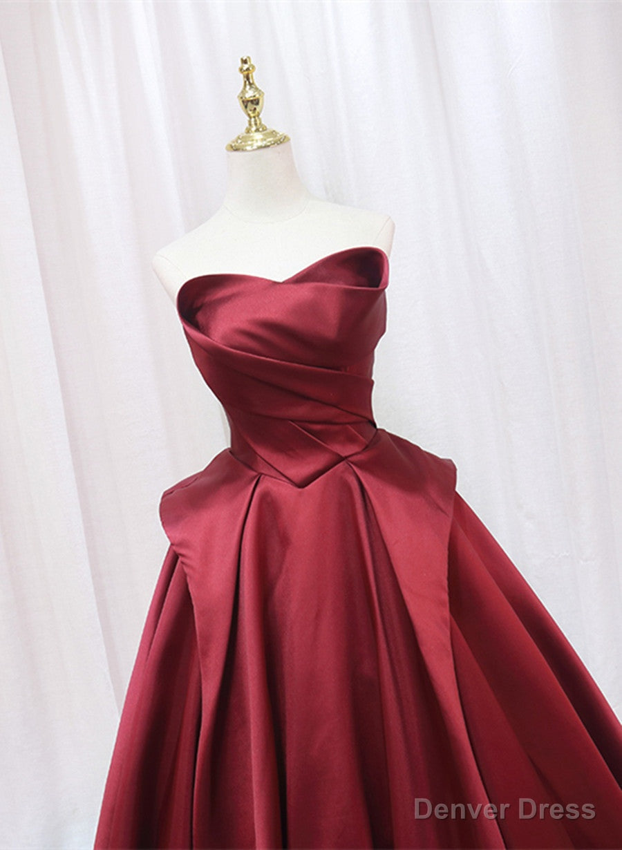 Wine Red Satin Long Prom Dress, A Line Wine Red Prom Dresses