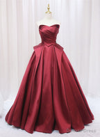 Wine Red Satin Long Prom Dress, A Line Wine Red Prom Dresses