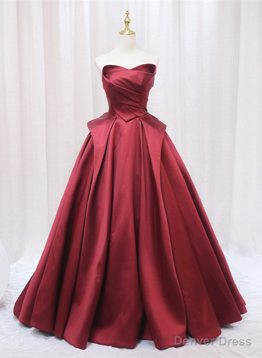 Wine Red Satin Long Prom Dress, A Line Wine Red Prom Dresses