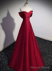 Wine Red Satin Long Party Dress, A-Line Wine Red Satin Prom Dress