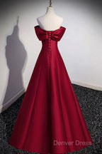 Wine Red Satin Long Party Dresses, A-Line Wine Red Satin Prom Dresses