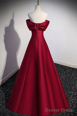 Wine Red Satin Long Party Dress, A-Line Wine Red Satin Prom Dress