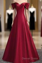 Wine Red Satin Long Party Dresses, A-Line Wine Red Satin Prom Dresses