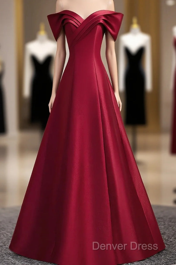 Wine Red Satin Long Party Dresses, A-Line Wine Red Satin Prom Dresses
