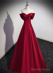 Wine Red Satin Long Party Dress, A-Line Wine Red Satin Prom Dress