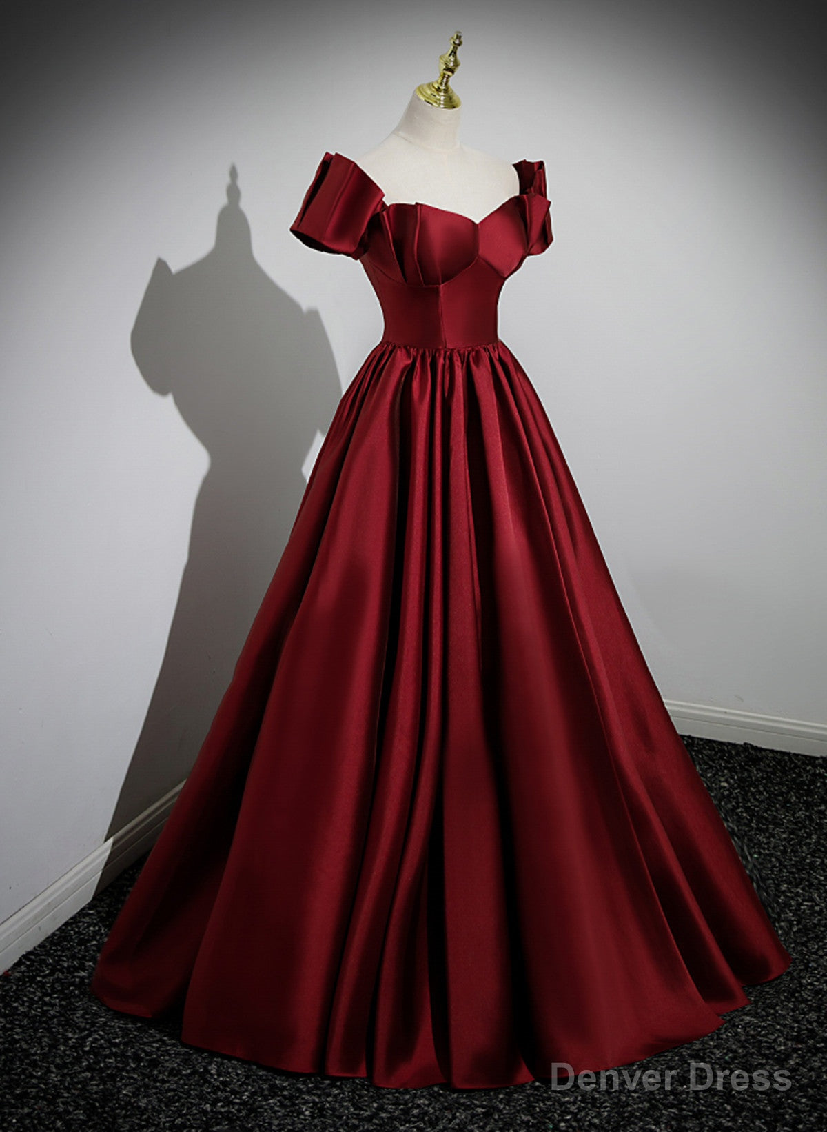 Wine Red Satin Long Prom Dress, Off Shoulder Sweetheart Floor Length Prom Dresses