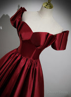 Wine Red Satin Long Prom Dress, Off Shoulder Sweetheart Floor Length Prom Dresses