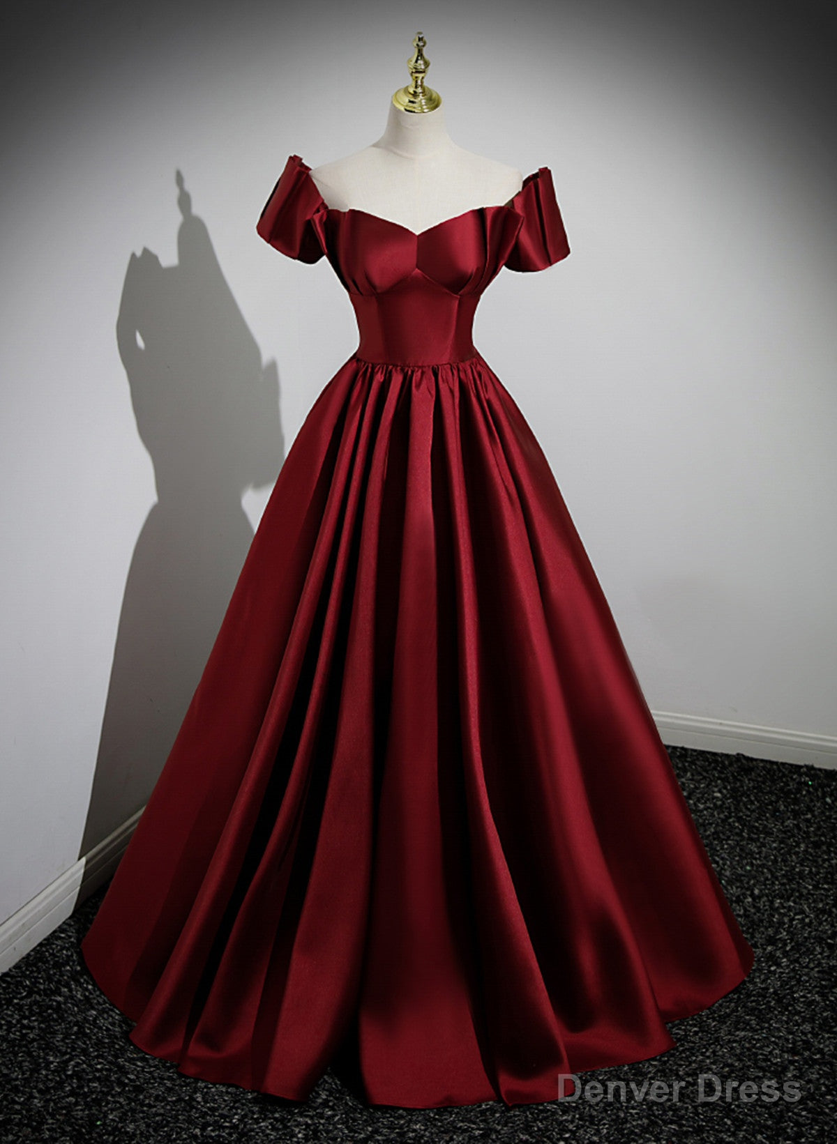 Wine Red Satin Long Prom Dress, Off Shoulder Sweetheart Floor Length Prom Dresses