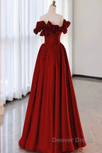 Wine Red Satin Long Prom Dresses Party Dresses, Wine Red A-Line Long Wedding Party Dresses
