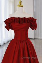 Wine Red Satin Long Prom Dresses Party Dresses, Wine Red A-Line Long Wedding Party Dresses