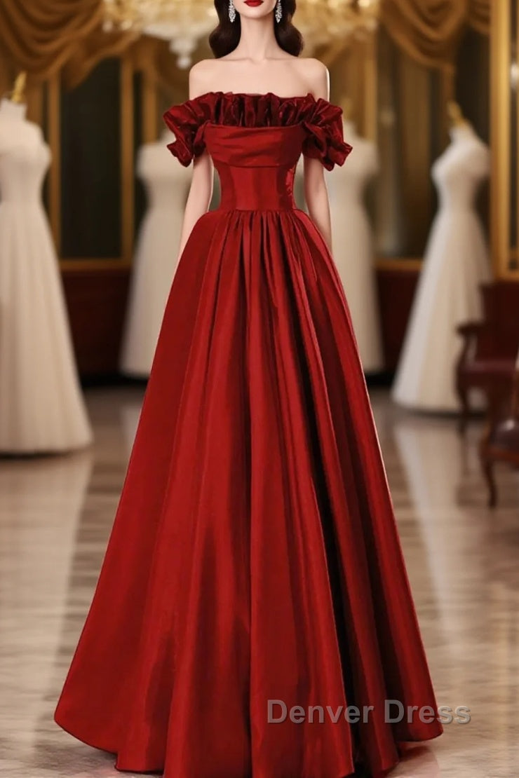 Wine Red Satin Long Prom Dress Prom Dress, Wine Red A Line Long Wedding Prom Dresses