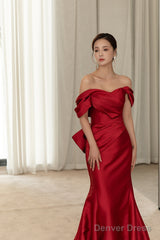 Wine Red Satin Mermaid Long Party Dress With Bow, Wine Red Off Shoulder Prom Dress