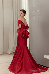 Wine Red Satin Mermaid Long Party Dress With Bow, Wine Red Off Shoulder Prom Dress