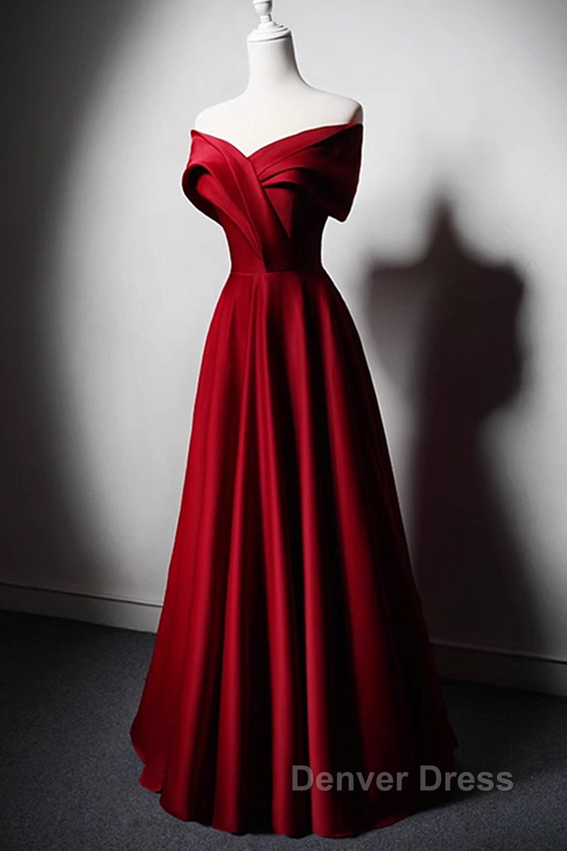 Wine Red Satin Off Shoulder A-Line Party Dresses, Wine Red Long Formal Dresses Prom Dresses Secondary image