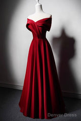 Wine Red Satin Off Shoulder A-Line Party Dress, Wine Red Long Formal Dress Prom Dress