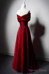Wine Red Satin Off Shoulder A-Line Party Dress, Wine Red Long Formal Dress Prom Dress